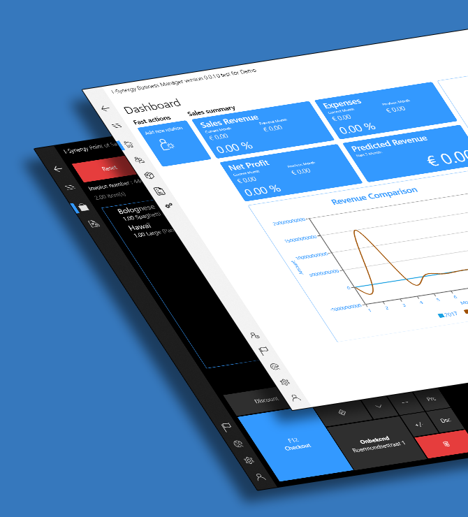 I-Synergy Manager dashboard and Point of Sales register screens